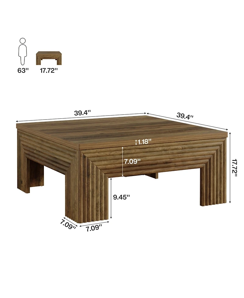 Tribesigns Square Coffee Table for Living Room, 39.4'' Large Wood Center Table with Unique Fluted Legs, Farmhouse Low Cocktail Tea Accent Table