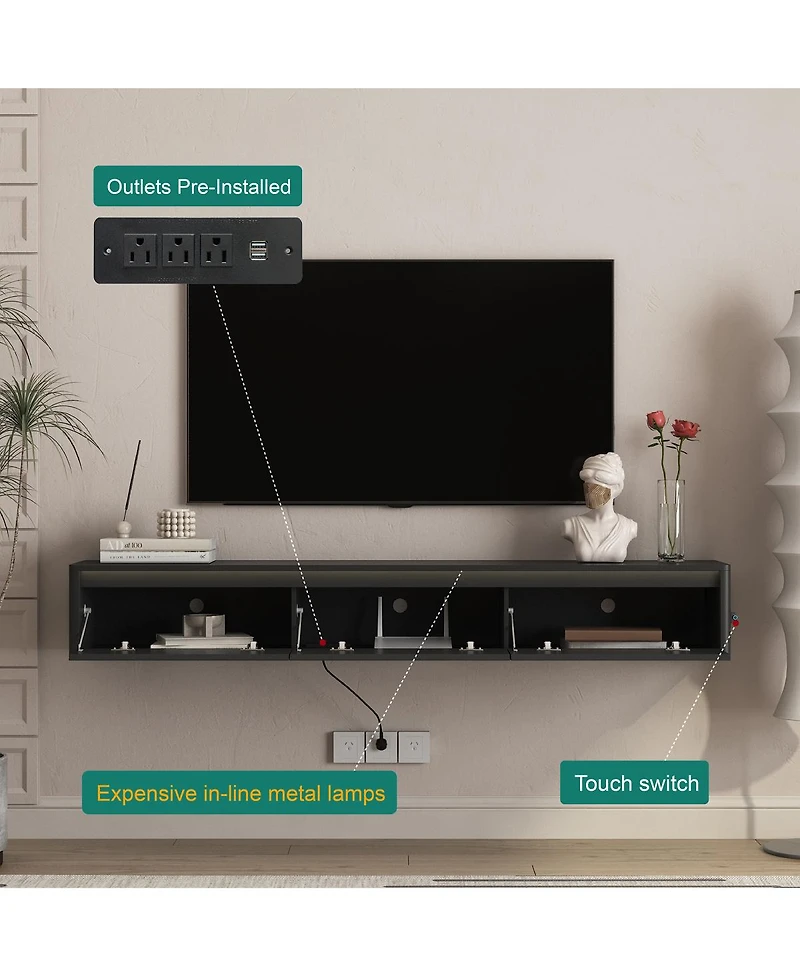 Streamdale Furniture Floating Tv Stand with Led Lights & Power Outlet