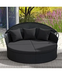 Gymax Patio Round Daybed Wicker Daybed w/ Retractable Canopy Separated Seating Sectional Sofa