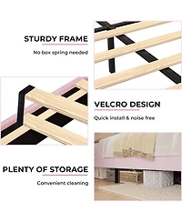 gaomon Bed Frame Sherpa Upholstered Floral Headboard Led Lights Wooden Slats No Box Spring