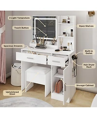 Rainsken Makeup Vanity Table with Led Light Mirror, Charging Station, 2 Drawers and Storage Cabinet, Dressing Table Set with Stool for Bedroom