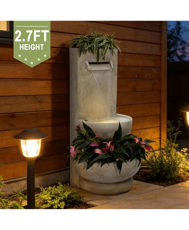 LuxenHome Tall Polyresin Fountain with Planter, Lighted Outdoor Water Feature
