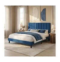 gaomon Queen Velvet Upholstered Platform Bed Frame with Vertical Channel Tufted Headboard, Adjustable Height, Fits 8–12" Mattress, Noise-F