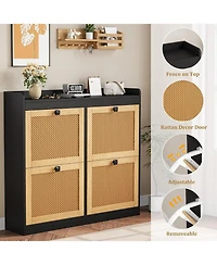 gaomon Shoe Cabinet Rattan with 4 Flip Drawers, Wooden Freestanding Organizer Adjustable Shelves, Storage for Entryway, Closet