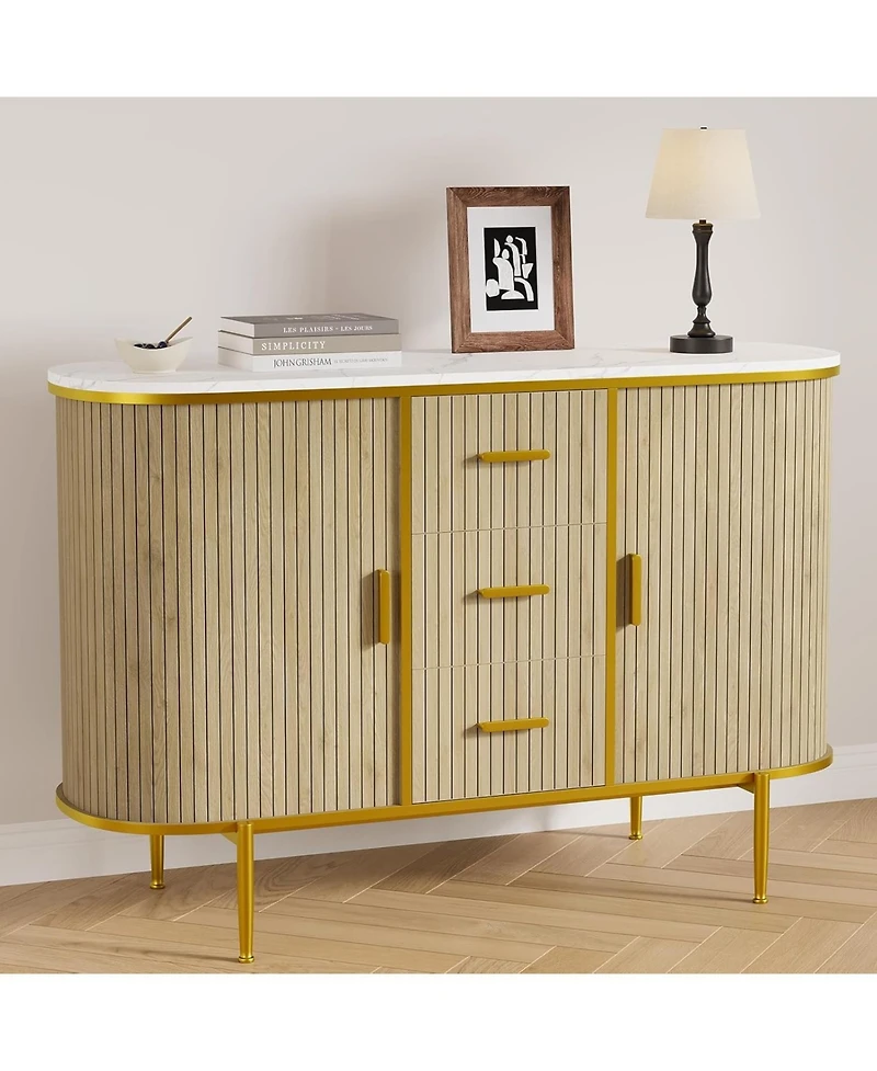 gaomon 50" Mid Century Fluted Buffet Cabinet, Modern Coffee Bar Console Table with Faux Marble Top & Curved Sliding Doors, Storage Accent Cabinet