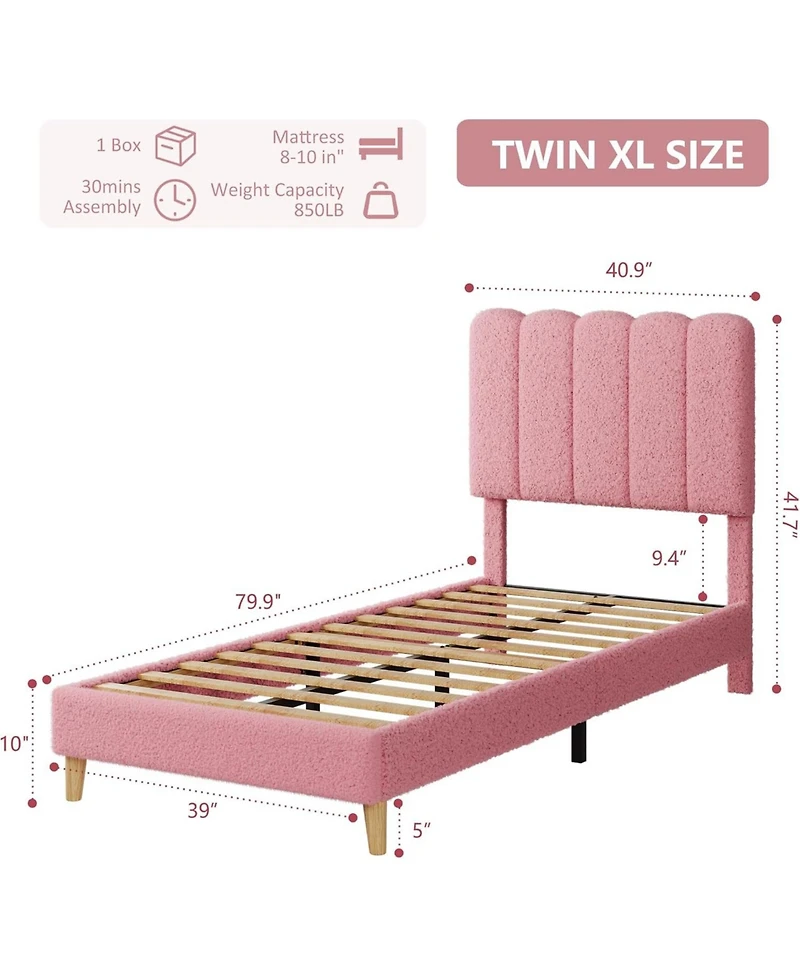 gaomon Boucle Twin Xl Bed Frame with Wave Headboard - Upholstered Platform Bed for Girls & Kids, Wood Slat Support