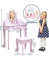 gaomon Kids Wooden Princess Vanity Set with Adjustable Mirror, Stool and Drawers