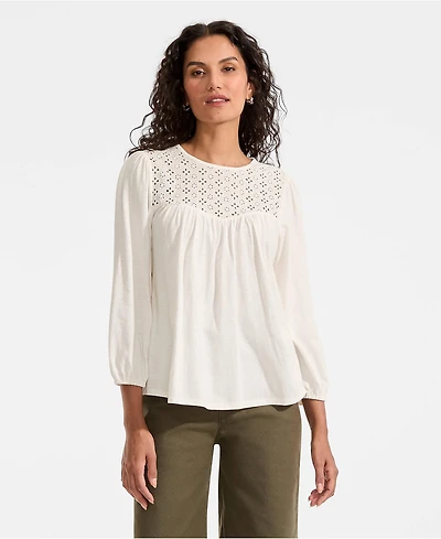 Lands' End Women's 3/4 Sleeve Eyelet Mix Flowy Top