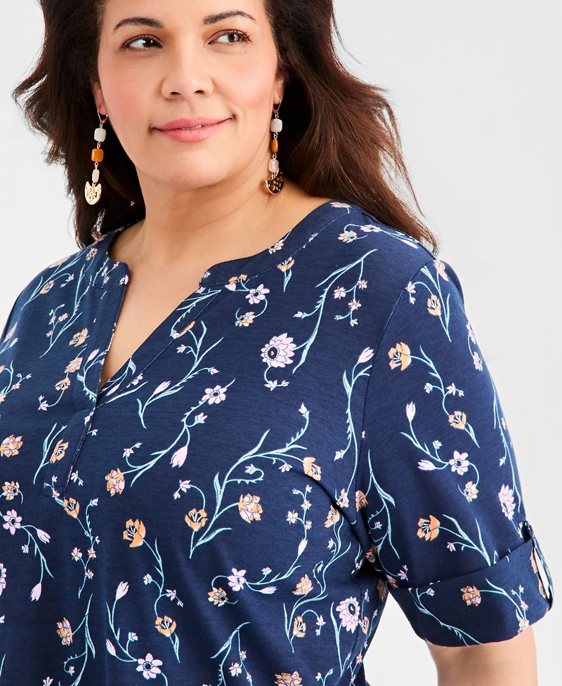 Style & Co Plus Printed Roll-Tab Split-Neck Elbow-Sleeve Tunic, Macy's Exclusive