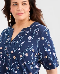 Style & Co Plus Printed Roll-Tab Split-Neck Elbow-Sleeve Tunic, Macy's Exclusive