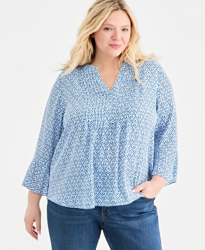Style & Co Plus Pintucked Bell-Sleeve Printed Top, Macy's Exclusive