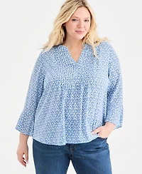 Style & Co Plus Pintucked Bell-Sleeve Printed Top, Macy's Exclusive