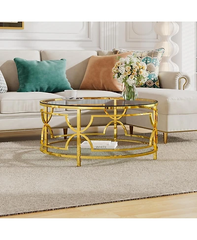 Streamdale Furniture Round Tempered Glass Coffee Table, 30.7" ,Geometric Metal Frame