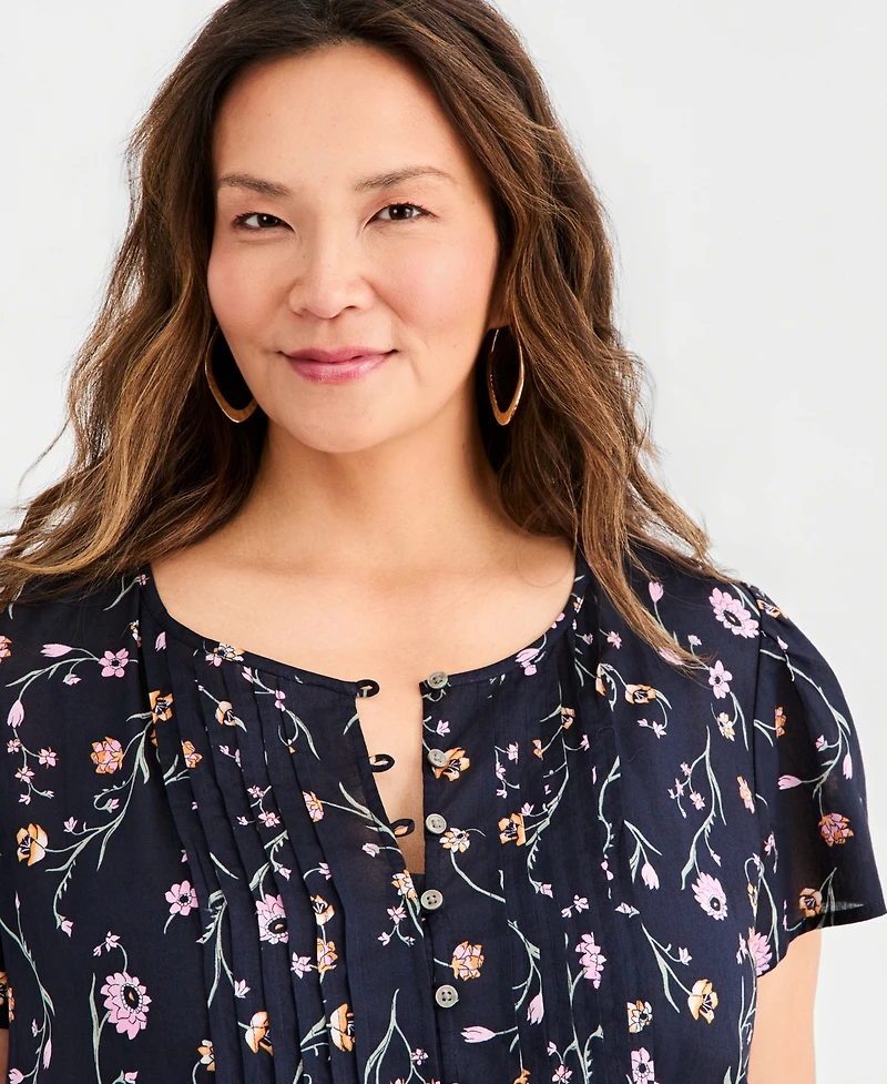 Style & Co Plus Printed Cotton Pintuck Flutter-Sleeve Top, Macy's Exclusive