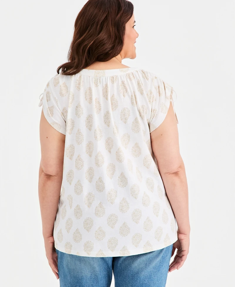 Style & Co Plus Drawstring-Shoulder Printed Top, Macy's Exclusive