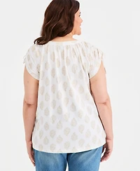 Style & Co Plus Drawstring-Shoulder Printed Top, Macy's Exclusive
