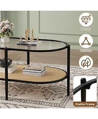 gaomon Boho Oval 2-Tier Rattan Coffee Table with Water-Wave Tempered Glass Top