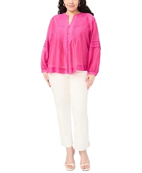 Vince Camuto Plus Stand Collar Front Shoulder Pleats Button Down Top