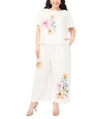 Vince Camuto Plus Crewneck Cropped with Flutter Short-Sleeves Blouse