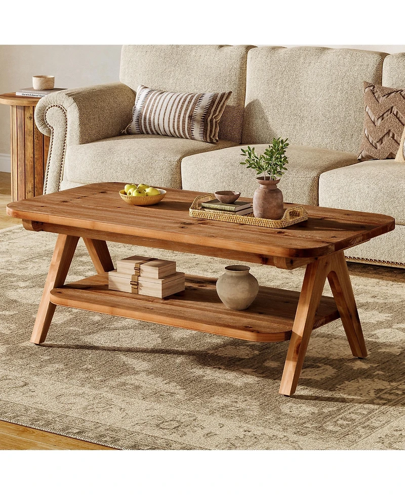 Tribesigns 2-Tier Solid Wood Coffee Table, 47.2" Rustic Wooden Rectangular Center Table