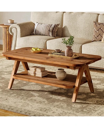 Tribesigns 2-Tier Solid Wood Coffee Table, 47.2" Rustic Wooden Rectangular Center Table