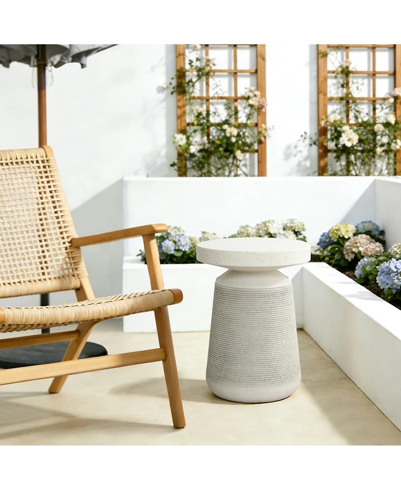 LuxenHome Textured Faux Stone Patio Table, Japandi Style with Sculpted Rope-Look Base