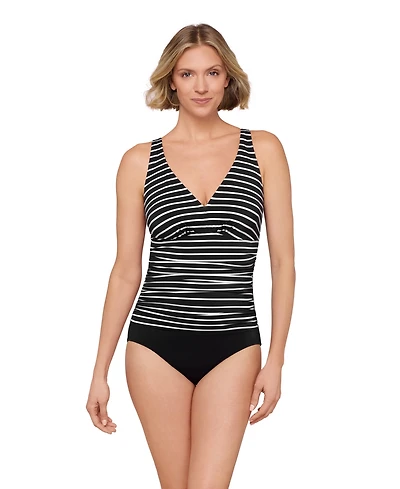 ShapeSolver Women's Striped V-Neck One-Piece Swimsuit