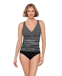 ShapeSolver Women's Striped V-Neck One-Piece Swimsuit