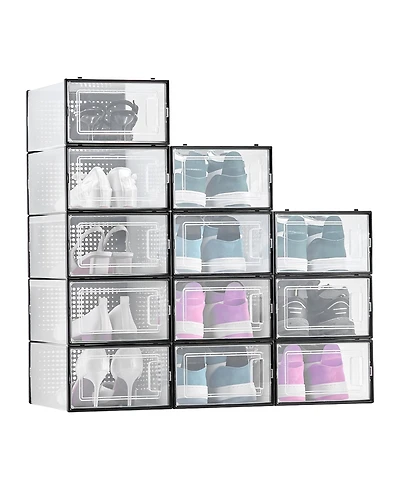 Rainsken Stackable Shoe Storage Boxes Fit Size 11, 12-Pack Plastic Shoe Organizers, Sneaker Display Containers Bins for Closet, Under Bed, Entryway