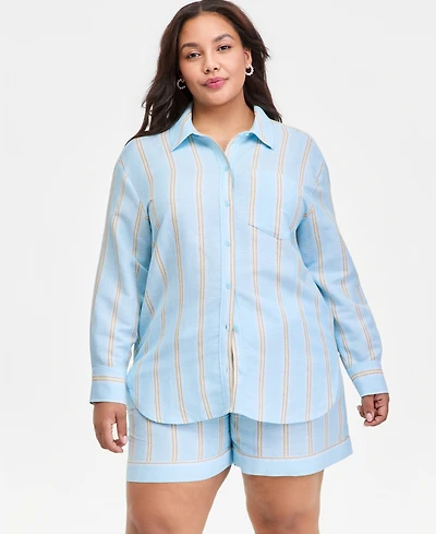 On 34th Trendy Plus Size Relaxed Linen-Blend Shirt, Macy's Exclusive