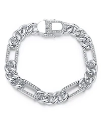 Men's Sterling Silver White Gold Plated with Iced Out Cubic Zirconia Paper Clip Curb Chain Bracelet
