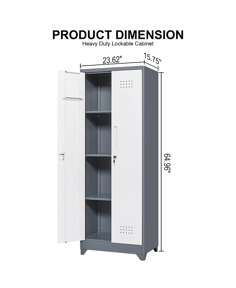 Clihome 65" H Metal Broom Cleaning Tool Storage Cabinet With Locking Doors and Shelves