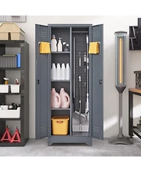 Broom Storage Cleaning Tool Cabinet With Locking Doors and Shelves