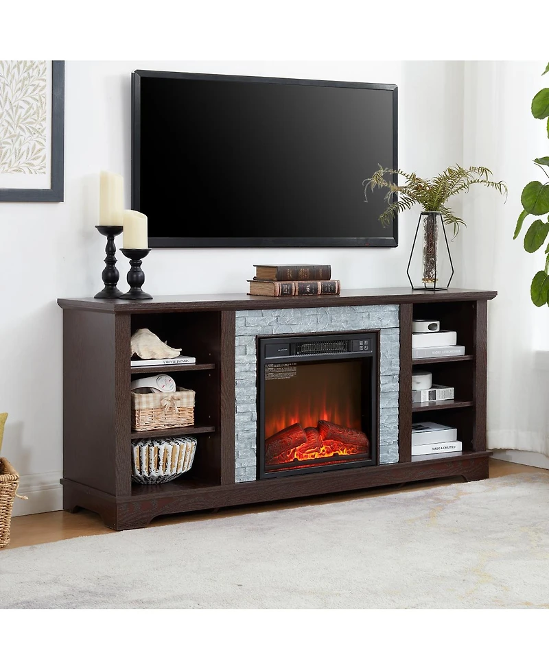 Streamdale Furniture Electric Fireplace Stone Tv Media Stand with Faux Stacked Stone Surround, 58.31"W