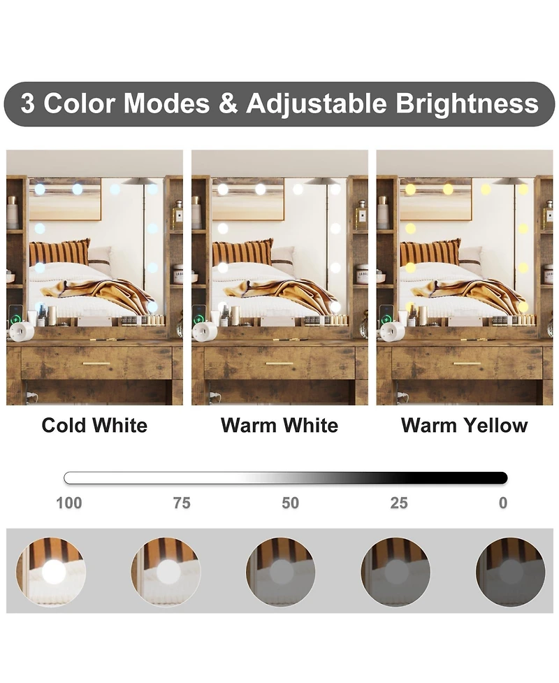 gaomon Farmhouse Makeup Vanity Set with Lighted Mirror, Shelves and Charging Station