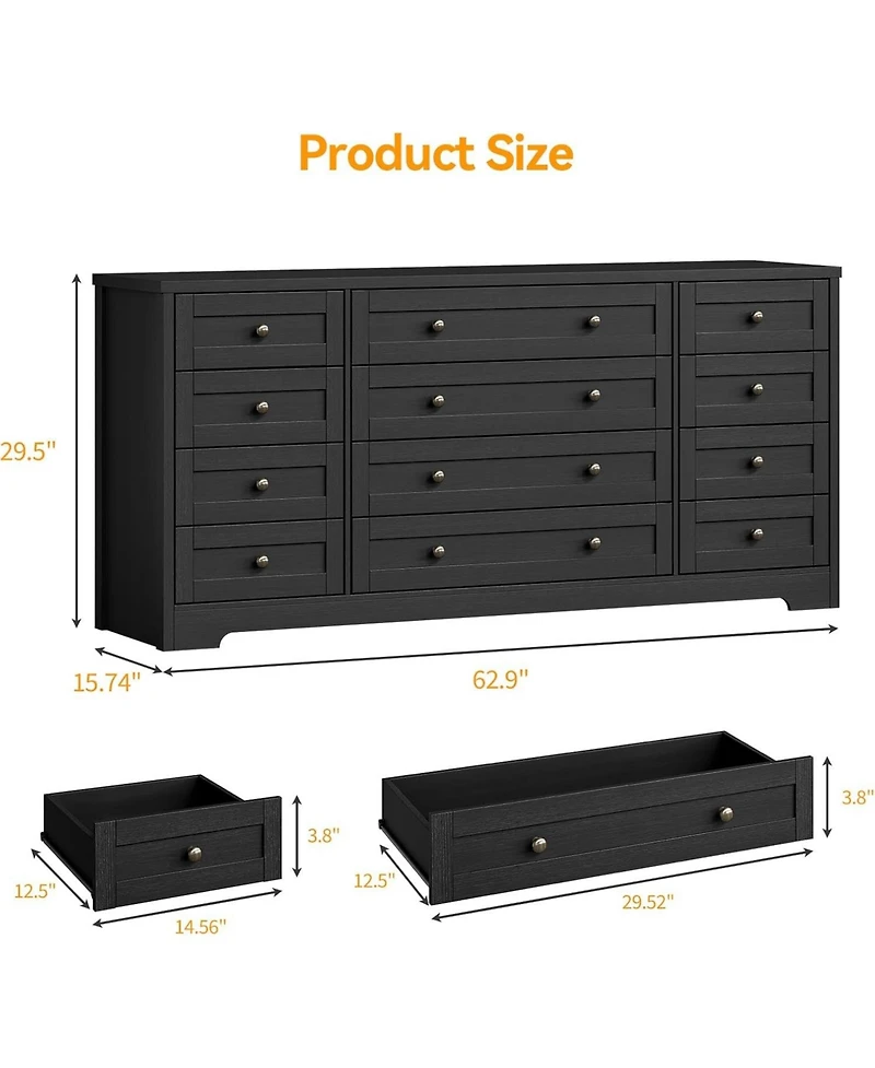 gaomon 12 Drawers Wood Dressers for Bedroom, 63" Long Wooden Dresser Living Room, Hallway, 16" Wide Tv Stand 65 Inch Tv, Sol