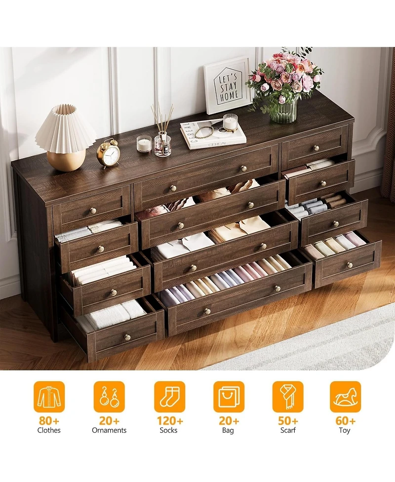 gaomon 12 Drawers Wood Dressers for Bedroom, 63" Long Wooden Dresser Living Room, Hallway, 16" Wide Tv Stand 65 Inch Tv, Sol