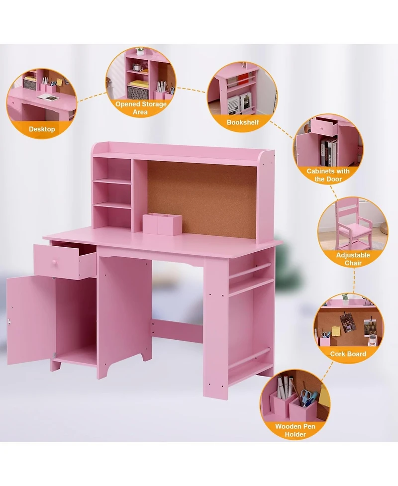 gaomon Kids Desk and Chair Set, Wooden Study Table with Storage Shelf, Bulletin Board, Children School Learning Writing