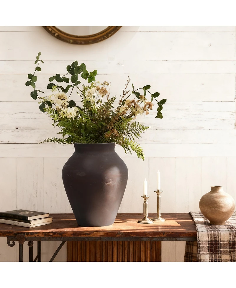 LuxenHome Rustic Earth Cement Vase, Antique Brown Finish, 13.4" H Decorative Accent for Tabletops and Open Shelving