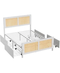 gaomon Full Rattan Bed Frame with Led Headboard 4 Drawers Metal Slats No Box Spring White Easy Assembly