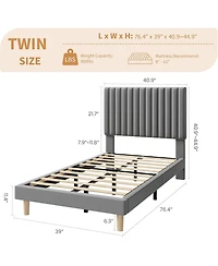gaomon Twin Size Velvet Platform Bed Frame with Vertical Channel Tufted Adjustable Headboard, Wooden Slats Support