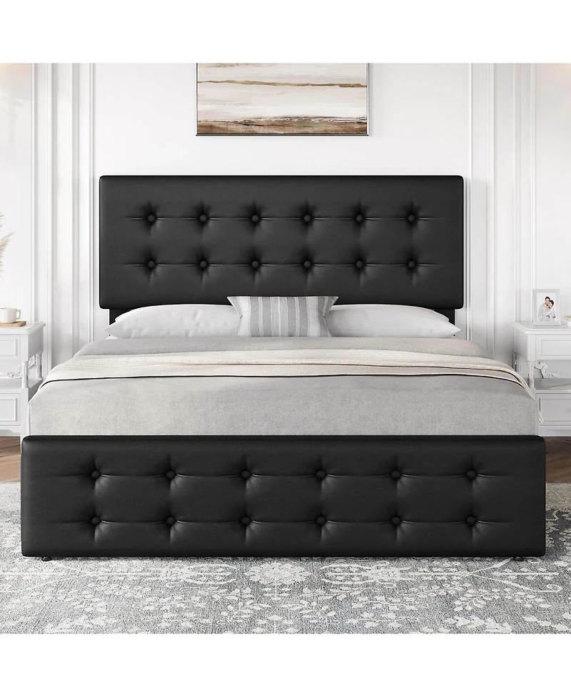 gaomon Bed Frame with 4 Storage Drawers and Headboard, Velvet Upholstered Platform Bed Frame with Wooden Slats Support