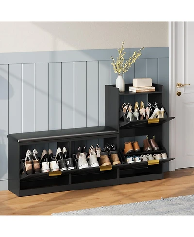 gaomon Farmhouse Freestanding Shoe Cabinet with Cushioned Bench and 4 Flip Drawers.