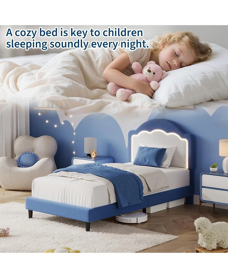 gaomon Twin Kids Upholstered Bed with Led Headboard, Plush Sherpa Fabric, Wooden Slats Support