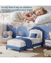 gaomon Twin Kids Upholstered Bed with Led Headboard, Plush Sherpa Fabric, Wooden Slats Support