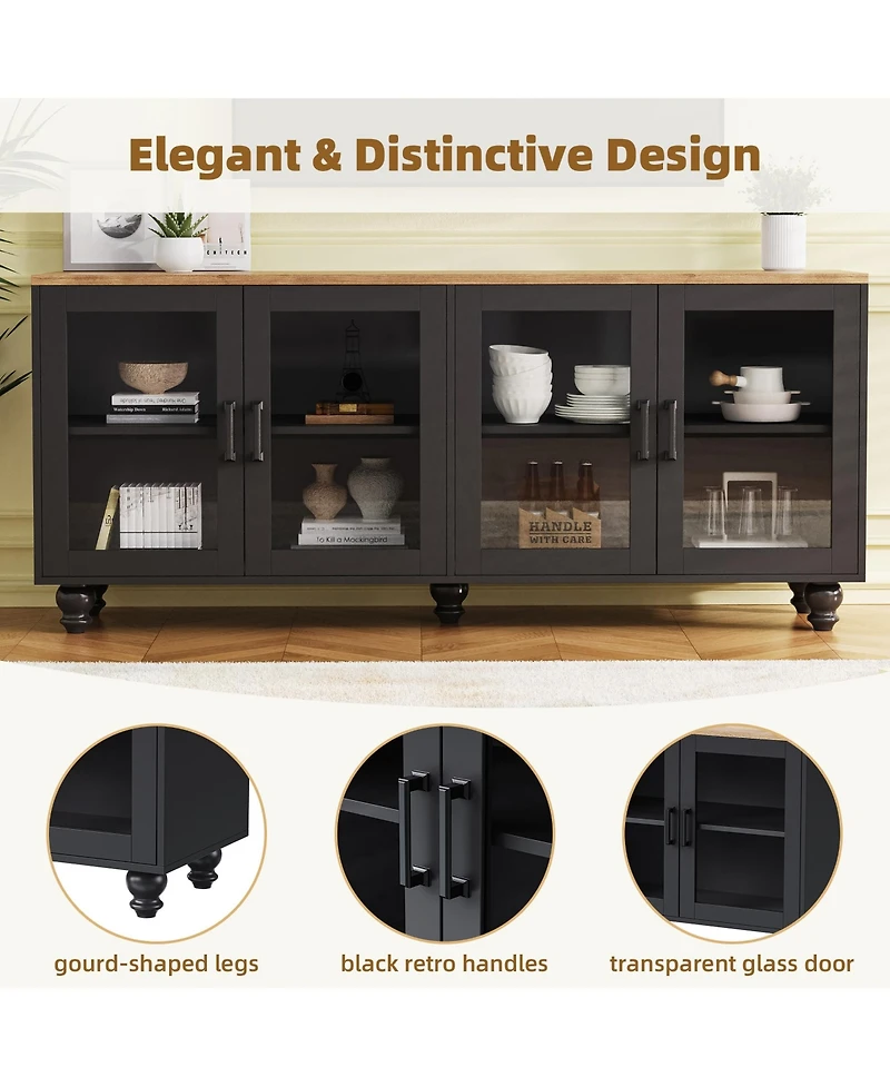 Farmhouse Storage Cabinet Tv Stand with Tempered Glass Doors And Adjustable Shelves
