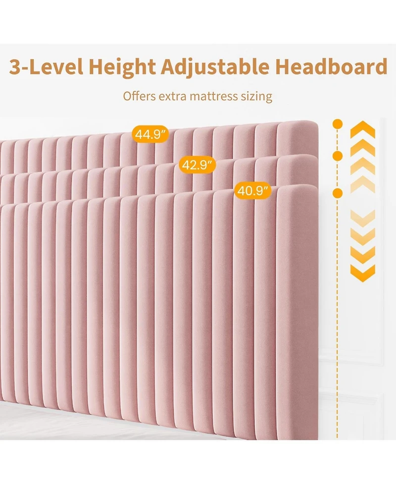 gaomon Full Size Velvet Platform Bed Frame with Vertical Channel Tufted Adjustable Headboard, Wooden Slats Support, No Box Spring