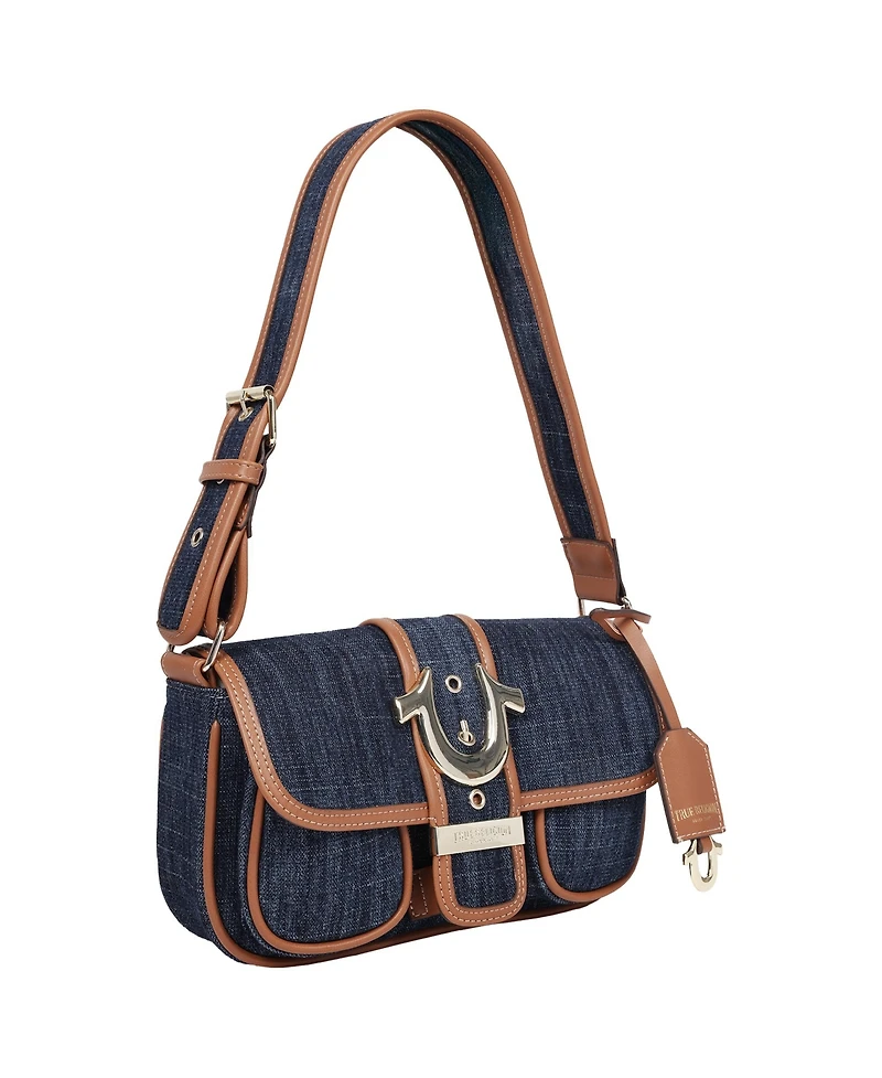 True Religion Double Pocket Denim Satchel with Horseshoe Hardware