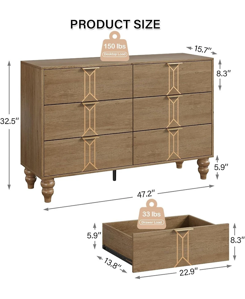 gaomon 6 Drawer Modern Wooden Dresser for Bedroom, Deep Drawers, Chest for Living Room & Hallway