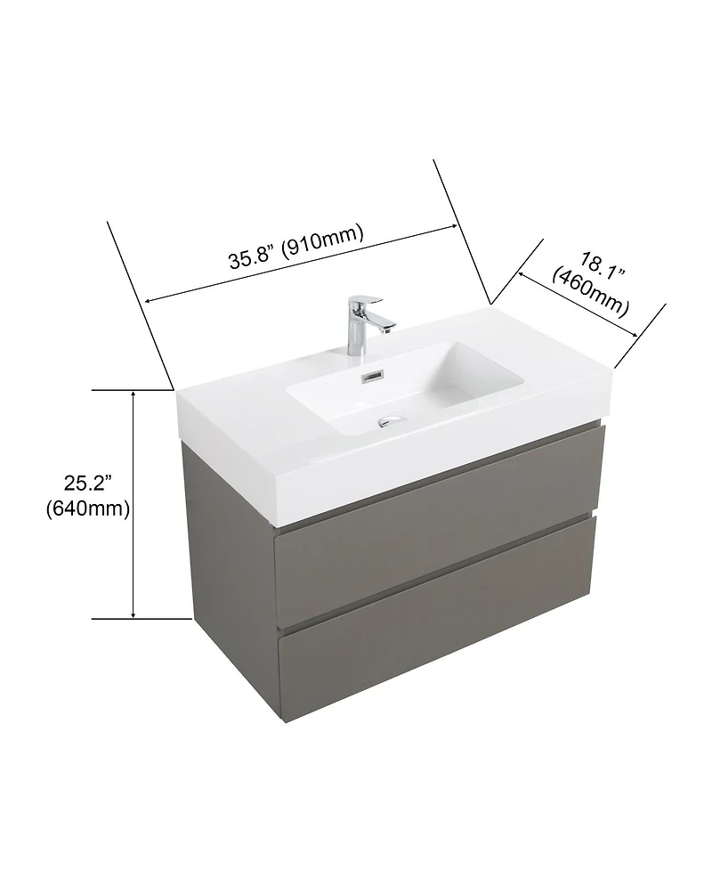 Sillysis 36" Gray Floating Bathroom Vanity with Double Soft Close Drawers, Handle-Free Design & Large Storage for Modern Bathrooms